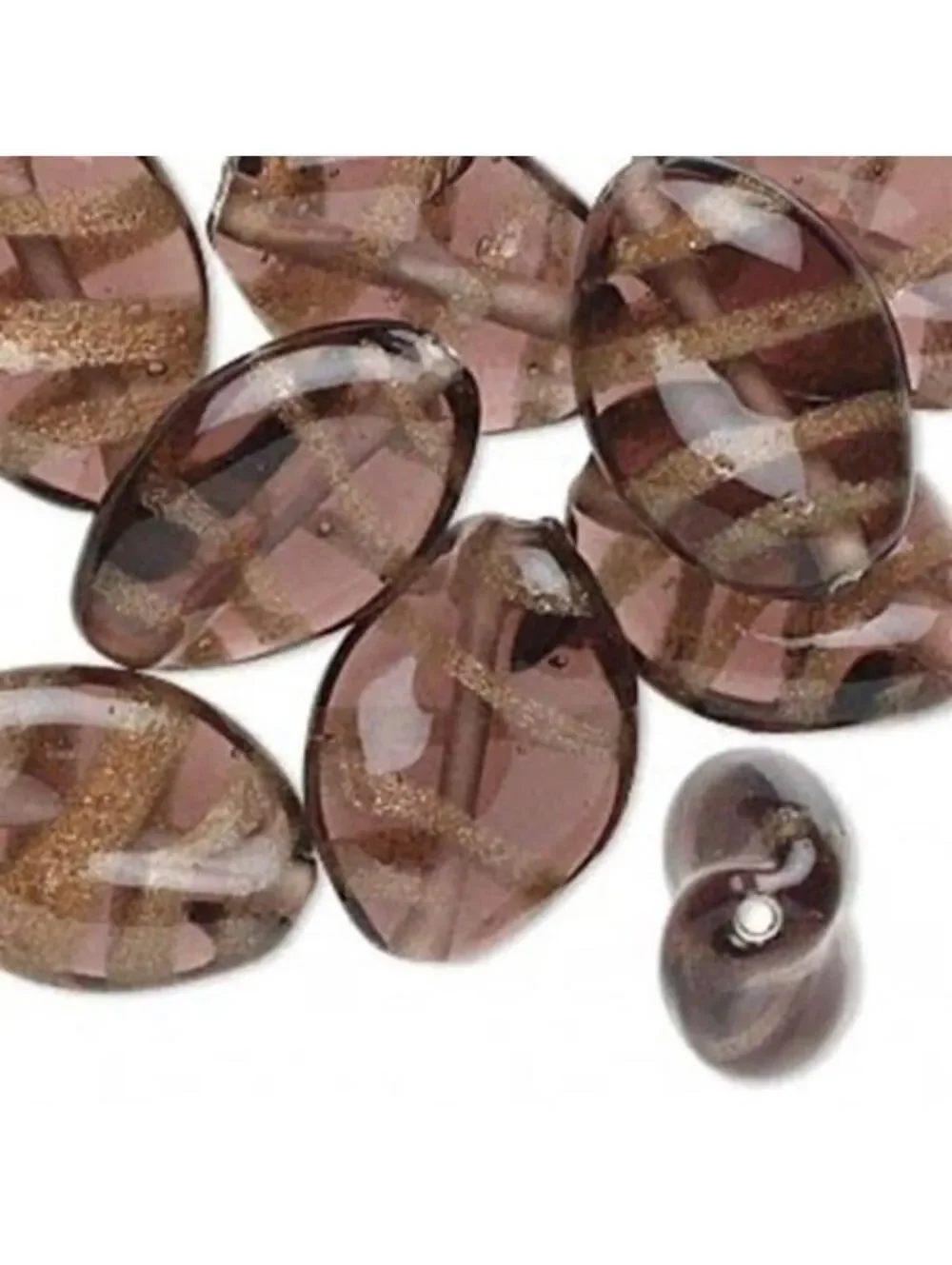 10 India Glass Purple Mauve Copper Foil 20mm Twisted Oval Beads